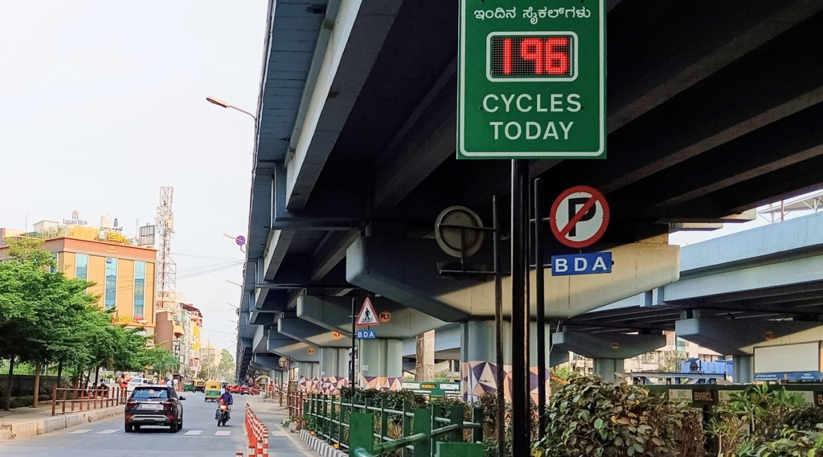The bicycle counter was built by an 18-year-old avid cyclist, Nihar Thakkar, and was installed on Tuesday next to the Outer Ring Road cycle lane in Doddanekundi in the Karnataka capital in collaboration with the Directorate of Urban Land Transport (DULT) and residents of Doddanekundi. (Express)
