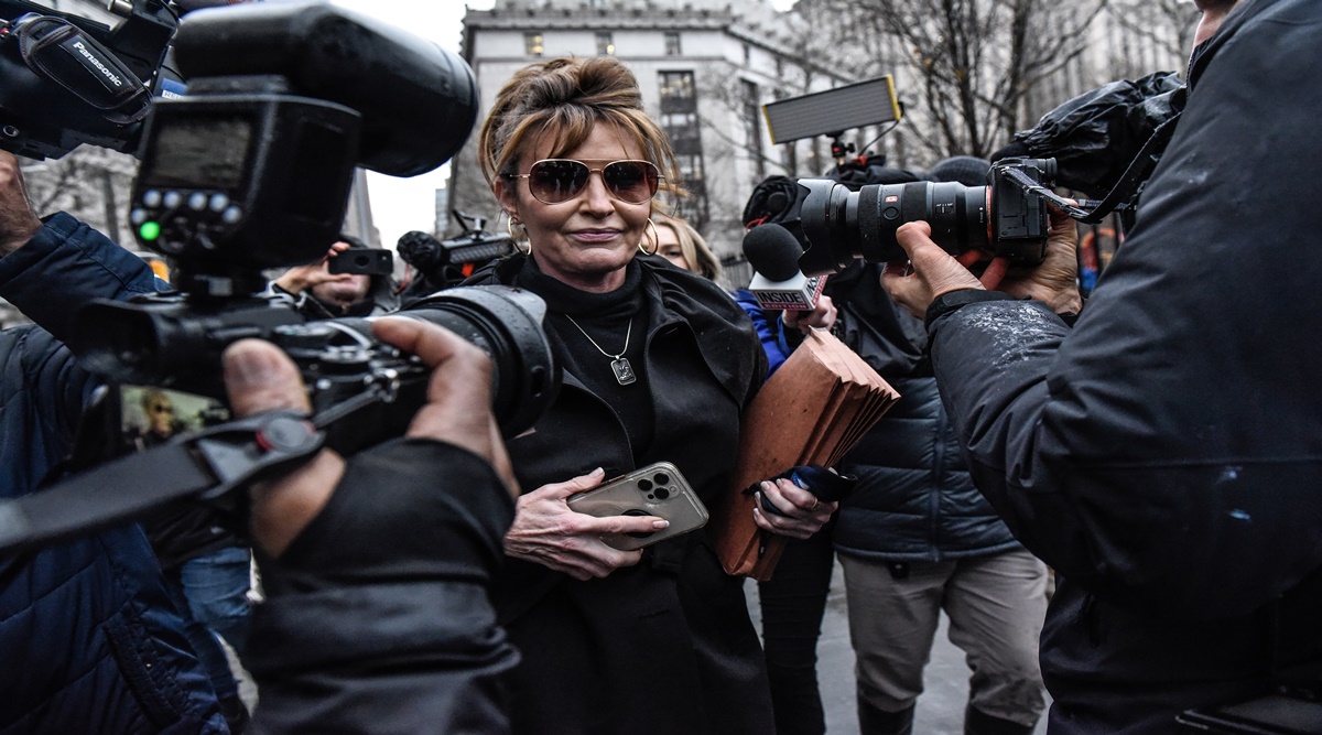 FILE — Sarah Palin departs the federal court in Manhattan, Feb. 3, 2022. Endorsed by Donald Trump for Alaska’s lone House seat, the former vice-presidential candidate hopes she can mount a political comeback. But she’s not the phenomenon she once was. (Stephanie Keith/The New York Times)