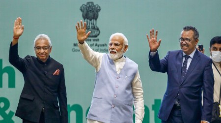  Prime Minister Narendra Modi, Director General of World health organization (WHO) Tedros Adhanom Ghebreyesus and Mauritius Prime Minister Pravind Jugnauth during the 'Global Ayush Investment and Innovation Summit', at Mahatma Mandir, in Gandhinagar, Gujarat. (PTI)