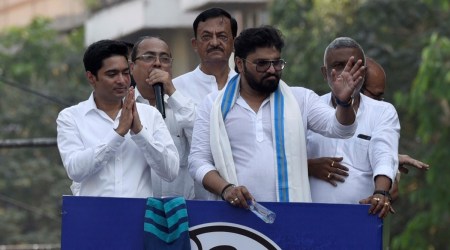 TMC MP Abhishek Banerjee during a roadshow for Babul Supriyo, the party’s Ballygunge candidate, Thursday. (Express)