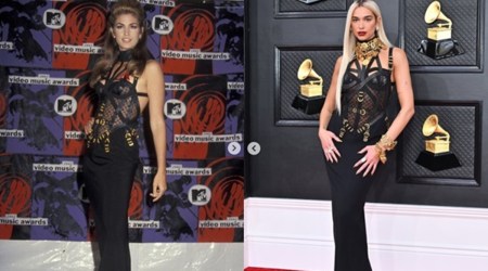 Grammys, Grammy Awards 2022, Dua Lipa Versace bondage dress, Dua Lipa recreates Cindy Crawford look, Donatella Versace bondage dress, indian express news