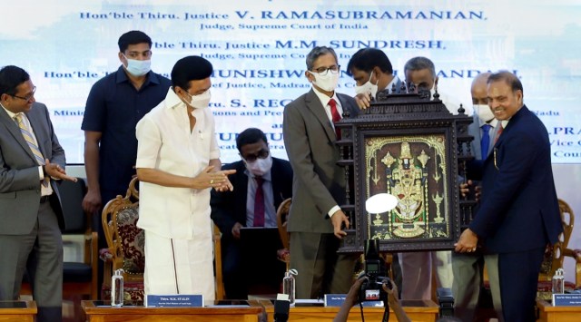 Chief Justice of India N V Ramana with Tamil Nadu Chief Minister M K Stalin, during an event to inaugurate new buildings for the state judiciary and lay foundation stone for a 9-storey administrative block for the Madras High Court, in Chennai. (PTI)