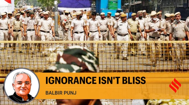 Police deployed at the site of communal violence in Jahangirpuri, New Delhi. (Express Photo)