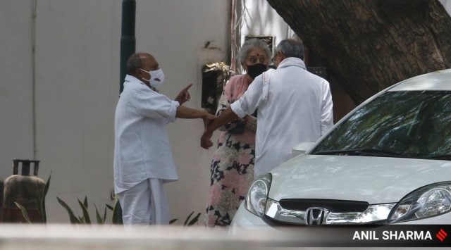 Congress leaders A K Antony, Ambika Soni and Digvijaya Singh at 10, Janpath on Tuesday. (Express Photo: Anil Sharma)