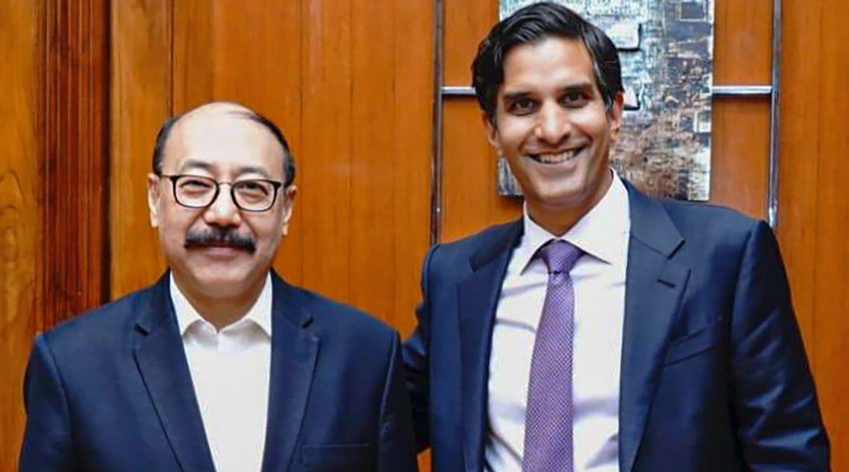 Foreign Secretary Harsh Vardhan Shringla with US Deputy National Security Advisor for International Economics Daleep Singh, during their meeting in New Delhi. (PTI Photo)