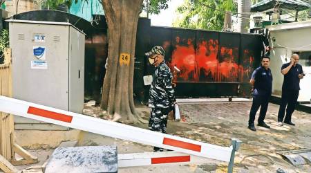 The main gate of the residence of Delhi CM Arvind Kejriwal that was vandalised using paint. (File Photo)