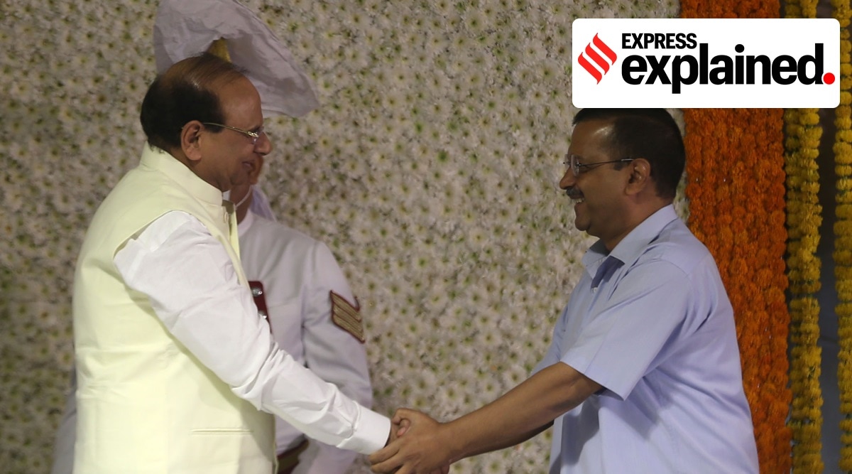 Lt Governor of Delhi Vinai Kumar Saxena with Chief Minister Arvind Kejriwal at Raj Niwas in New Delhi. (Express Photo: Amit Mehra)