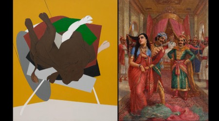 Untitled (Bull on Rickshaw) (1999) by Tyeb Mehta (left) and Draupadi Vastraharan (circa 1888-90) by Raja Ravi Varma (right). (Courtesy: SaffronArt)