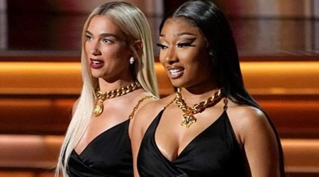 Dua Lipa, Megan Thee Stallion, Dua Lipa Megan Thee Stallion Grammy Awards, Dua Lipa Megan Thee Stallion Versace dress, Mariah Carey Whitney Houston nod, iconic Grammy fashion moment, indian express news