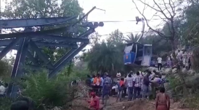 As per eyewitnesses, 50 people are still stuck in at least 12 cabins in the ropeway and a rescue operation is underway. (Twitter/ANI)