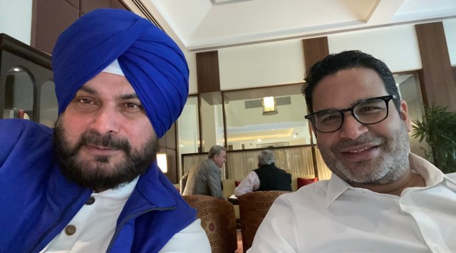 Former Punjab Congress chief Navjot Singh Sidhu (left) at his meeting with poll strategist Prashant Kishor. (Twitter/Navjot Singh Sidhu)