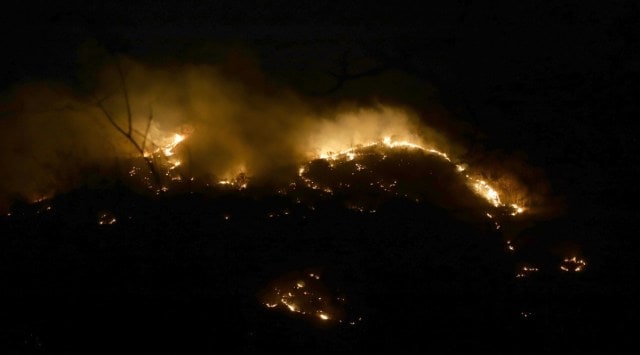 A forest fire broke out in Katraj Ghat on Friday night. (Express Photo/Pavan Khengre)