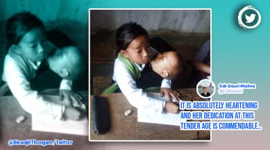 10-year-old girl attending school with sister, 10-year-old Manipuri girl, girl babysitting sister, Dharmendra Pradhan, viral photo of Manipuri girl, indian express