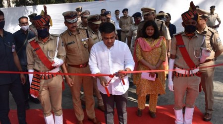 Home Minister Harsh Sanghavi inaugurates the career guidance centre in surat on Friday. (Express Photo)
