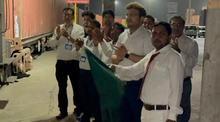 The train carrying yarn  is flagged off fromVapi. (Express Photo)