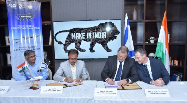 D Maiti, CEO (MiG Complex), HAL, and Yaacov Berkovitz, VP & GM Aviation Group, IAI, ink the pact, in New Delhi on Wednesday