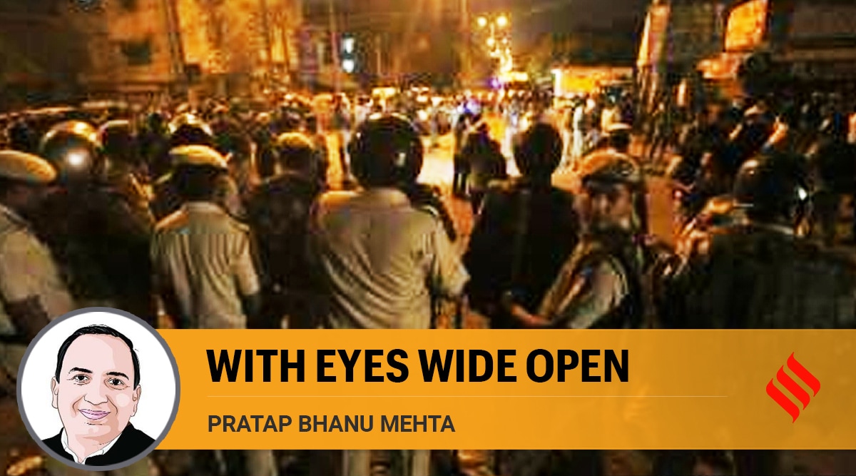 Police at the spot where communal violence took place between two communities at Jahangirpuri in New Delhi. (Express Photo by Praveen Khanna)