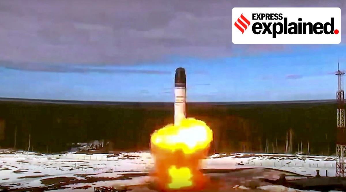 This handout photo released by Roscosmos Space Agency Press Service on Wednesday shows the Sarmat intercontinental ballistic missile being launched from Plesetsk in Russia's northwest. (Photo: AP)
