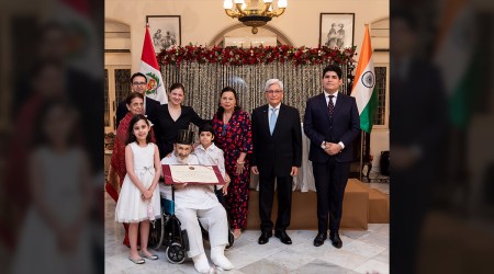 Mr Ardeshir B. K. Dubash with his wife and family together with Ambassador Carlos Polo and his wife, Mrs Eva Alvarado and Mr Fabio Subia, First Secretary of the Embassy of Peru in India