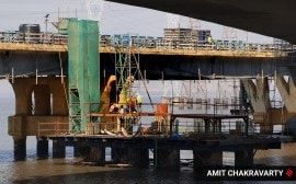 A decision to construct another bridge was taken in 2012, which would be the third bridge to be constructed across Thane Creek channel with the existing bridge no. 2 saturating to traffic and bridge no. 1 closing operations due to its poor condition. (Express Photo by Amit Chakravarty)
