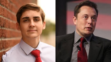 Elon Musk and jack Sweeney, the teen who made the bot that tracks the former's private jet, are pictured here.