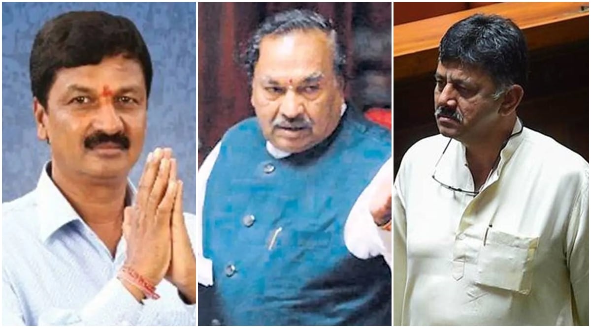 (From left) BJP leaders Ramesh Jarkiholi, KS Eshwarappa and KPCC president DK Shivakumar (File)