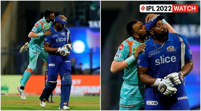 Krunal Pandya celebrates Kieron Pollard's wicket. (Photo by Saikat Das / Sportzpics for IPL)