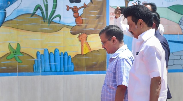 Delhi CM Arvind Kejriwal and Tamil Nadu CM MK Stalin arrive to visit a government school at Vinod Nagar, in New Delhi, Friday, April 01, 2022. (PTI Photo/Vijay Verma) 