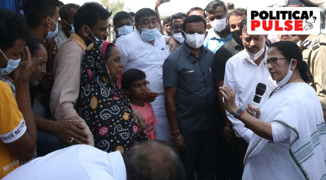 Chief Minister Mamata Banerjee with the victims' kin in Birbhum. (Express photo by Partha Paul)