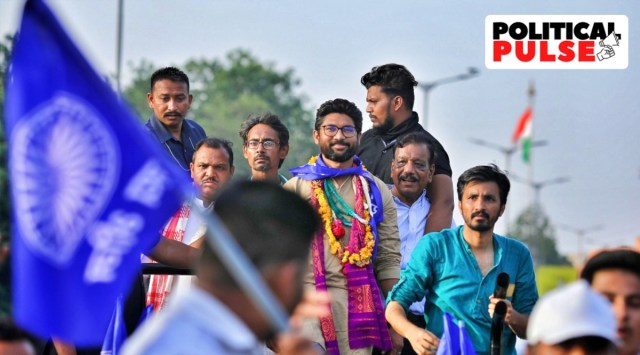 MLA Jignesh Mevani at a a road show in Gujarat. (Express Photo by Nirmal Harindran)