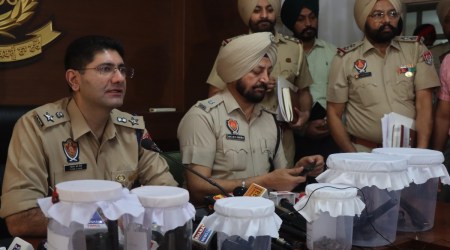 Mohali SSP Vivek Sheel Soni at the press conference at Mohali police headquarters on Friday. (Express )