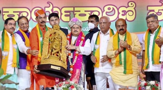 BJP National President J.P.Nadda with BJP National General Secretary Arun Singh, Union Minister Pralhad Joshi, Karnataka Chief Minister Basavaraj Bommai, former state chief minister B.S. Yediyurappa, state BJP President Nalin Kumar Kateel and other BJP leaders, during BJP's State Executive Meeting, in Hosapete.(PTI)