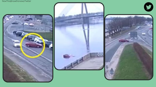 car plunges into river, car slides down road, car without driver falls into river, car video, Latvia, indian express