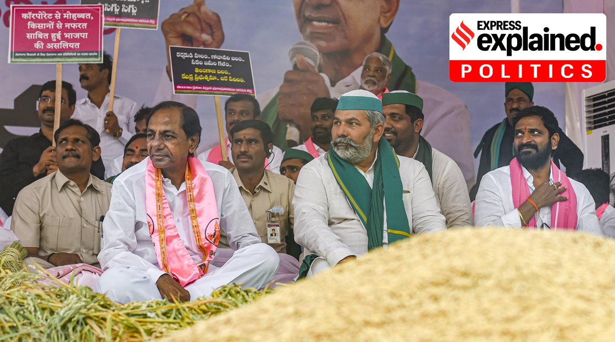 Telangana CM K. Chandrashekar Rao with Bharatiya Kisan Union (BKU) Spokesperson Rakesh Tikait during a sit-in protest against Centre's paddy procurement policy, in New Delhi, Monday, April 11, 2022. (PTI Photo)