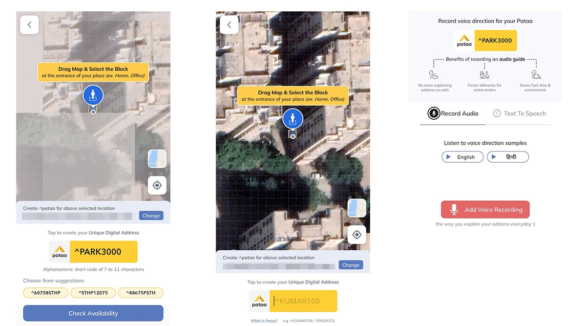 Paata lets users specify their address to a particular 3x3 square on the map, along with voice directions on how to reach there. (Screenshots, Pataa app)