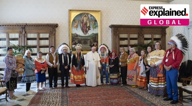 Indigenous delegates from Canada's First Nations pose for a photo with Pope Francis during a meeting at the Vatican. (Reuters)