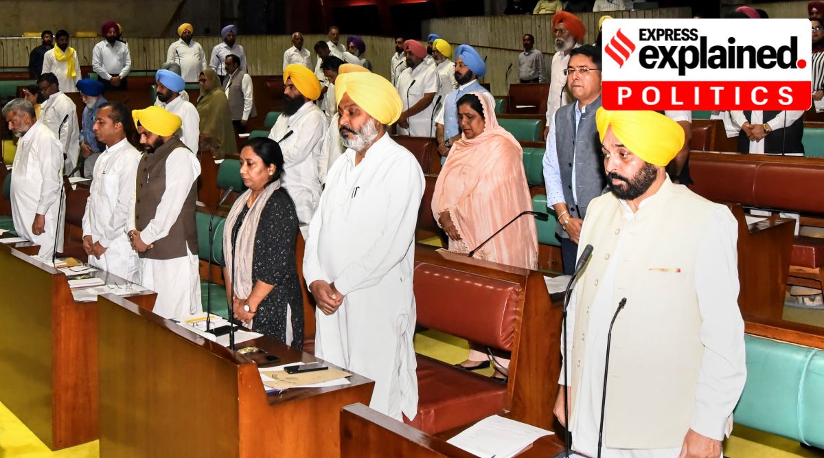Punjab Chief Minister Bhagwant Mann with other MLAs stand in silence to pay tribute to former MLA Ajit Singh Shant, who passed away since the last session of the assembly, during a one-day special sitting of the first session, at the Vidhan Sabha in Chandigarh, Friday (PTI)