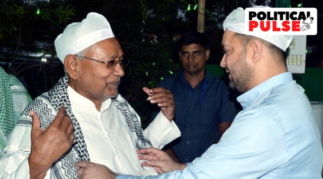 Bihar Chief Minister Nitish Kumar  with RJD leader Tejashwi Yadav  at an Iftar party during the Holy Month of Ramadan, in Patna on Friday. (ANI Photo)