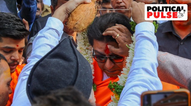 MNS Chief Raj Thackeray, at his residence in Pune, seeking blessings from pandits as he steps out to travel towards Aurangabad where he will hold a public rally on May 1. (Express photo by Ashish Kale) 