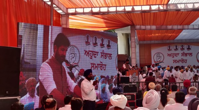 Amrinder Singh Raja Warring takes oath as the Punjab Congress President. (Express Photo)
