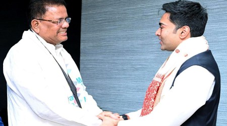 Ripun Bora with AITC general secretary Abhishek Banerjee. (Express photo)