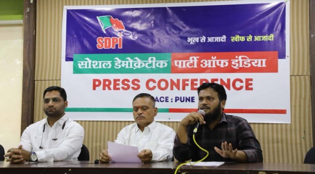 Members of the Social Democratic Party of India (SDPI)  during a press conference at Patrakar Bhavan on Monday. (Express Photo by Pavan Khengre)