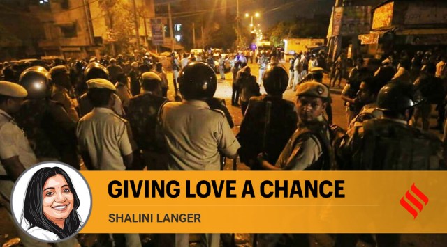 Police deployed at the site of violence in Jahangirpuri, New Delhi. (Express Photo)