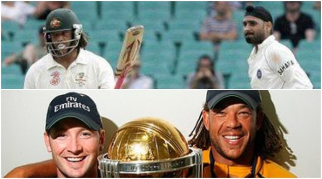 (Above) Andrew Symonds and Harbhajan Singh (Below) Michael Clarke and Andrew Symonds.