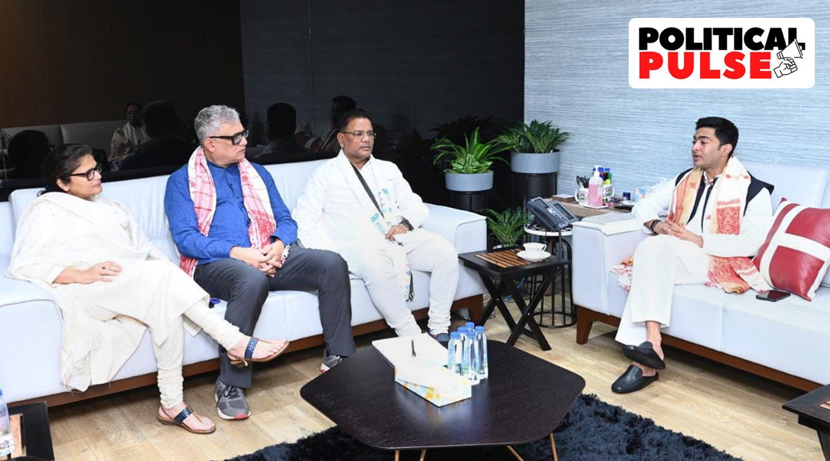 Former Assam Congress president Ripun Bora with TMC National General Secretary Abhishek Banerjee and TMC MPs Derek O'Brien and Sushmita Dev, after joining TMC. (PTI Photo)