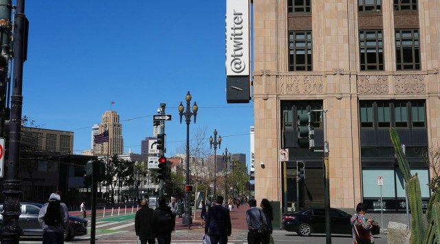 Outside Twitter's headquarters in San Francisco, April 24, 2022. (Jim Wilson/The New York Times)