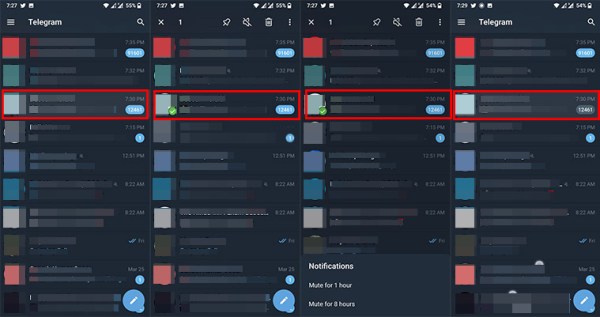 A set of screenshots from Telegram showing users how to mute conversations