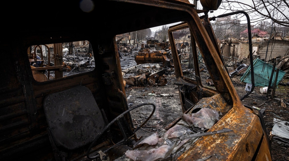 Widespread destruction and debris in Bucha, Ukraine, on April 3, 2022. 