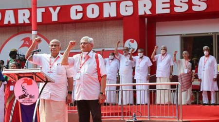 CPI(M) leaders S. Ramachandran Pillai and Sitaram Yechury during the flag hoisting ceremony of the 23rd CPI(M) Party Congress, at E.K. Nayanar Academy in Kannur, Wednesday, April 6, 2022. (PTI Photo)