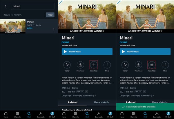 Screenshots from the Amazon Prime app showing how to add a movie or episode to your watchlist.